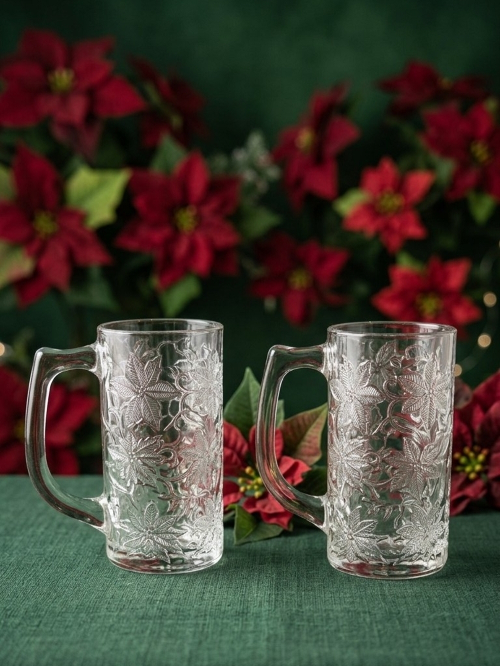 Clear Embossed Poinsettia Glass Mugs - Set of 2